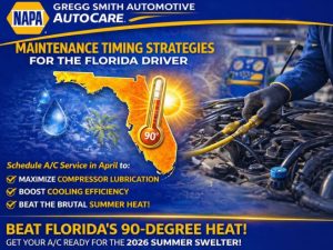 Florida A/C maintenance timing graphic showing April service benefits, compressor lubrication, and cooling efficiency before 90-degree summer heat