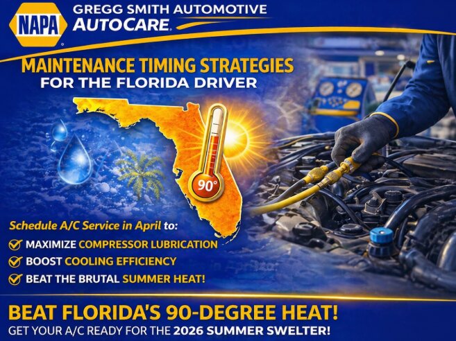 Florida A/C maintenance timing graphic showing April service benefits, compressor lubrication, and cooling efficiency before 90-degree summer heat