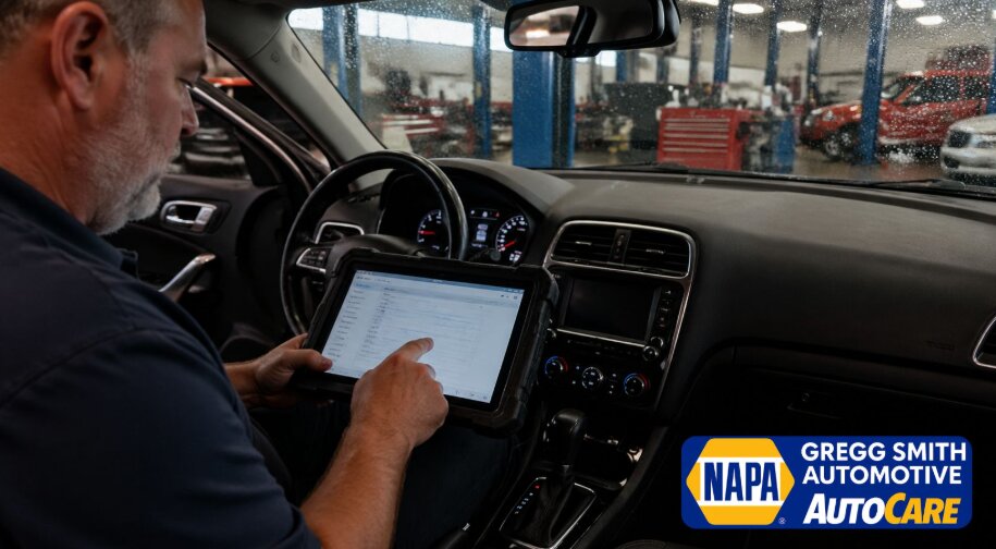 A mechanic troubleshooting a car's climate control system in Gregg Smith Automotive, with a rain-speckled windshield offering a view of the workshop and diagnostic equipment.