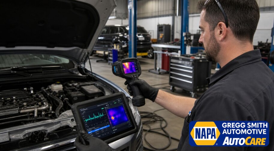 Mechanic using AI-powered thermal imaging and diagnostic tablet to detect a car AC refrigerant leak inside Gregg Smith Automotive
