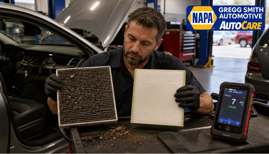 Mechanic inside Gregg Smith Automotive comparing a dirty cabin air filter with a clean bio-based filter while testing air quality