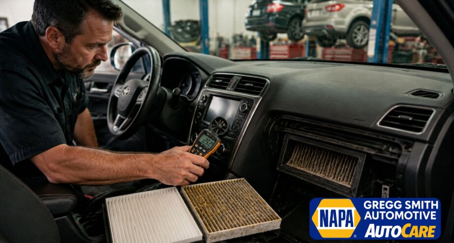 Mechanic inspecting car airflow in Gregg Smith Automotive with clean and dirty cabin filters on the passenger seat.