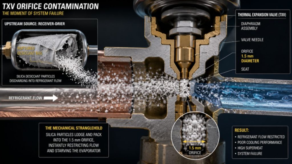 Close-up illustration of a car AC system's Thermal Expansion Valve (TXV) orifice completely blocked by abrasive white silica sand released from a failed receiver-drier desiccant bag, representing the 'TXV Stranglehold'.