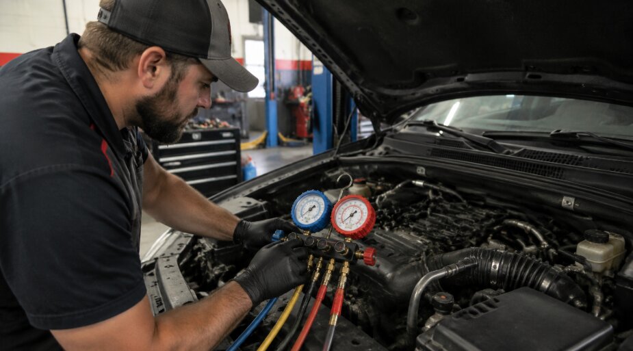 Mechanic adjusting diagnostic gauges on a car's AC system in Gregg Smith Automotive to ensure engine efficiency.