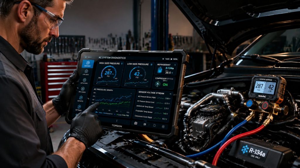 Professional automotive technician using a ruggedized diagnostic tablet to analyze real-time AC sensor data in a modern workshop, illustrating advanced electronic vehicle diagnostics at Gregg Smith Automotive