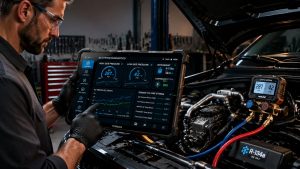 Professional automotive technician using a ruggedized diagnostic tablet to analyze real-time AC sensor data in a modern workshop, illustrating advanced electronic vehicle diagnostics at Gregg Smith Automotive