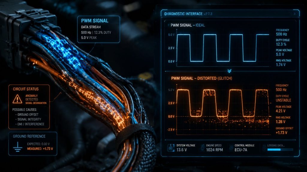 Conceptual visualization of an automotive wiring harness showing a digital pulse-width modulation (PWM) signal waveform on an oscilloscope interface, illustrating a sharp square wave distorting into an electrical glitch.