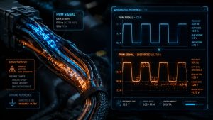 Conceptual visualization of an automotive wiring harness showing a digital pulse-width modulation (PWM) signal waveform on an oscilloscope interface, illustrating a sharp square wave distorting into an electrical glitch.