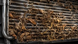 A macro close-up view of an automotive air conditioner condenser core heavily obstructed by dried Spanish moss, pine needles, and organic debris.
