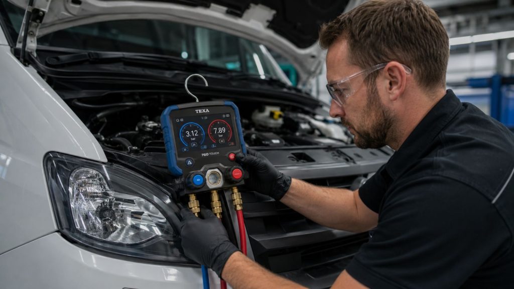A professional automotive technician using a digital manifold gauge set to perform a precise diagnostic check on the air conditioning system of a commercial delivery van in a clean service bay.