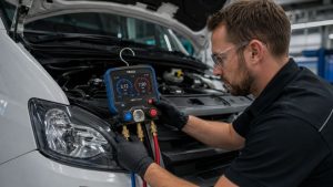 A professional automotive technician using a digital manifold gauge set to perform a precise diagnostic check on the air conditioning system of a commercial delivery van in a clean service bay.
