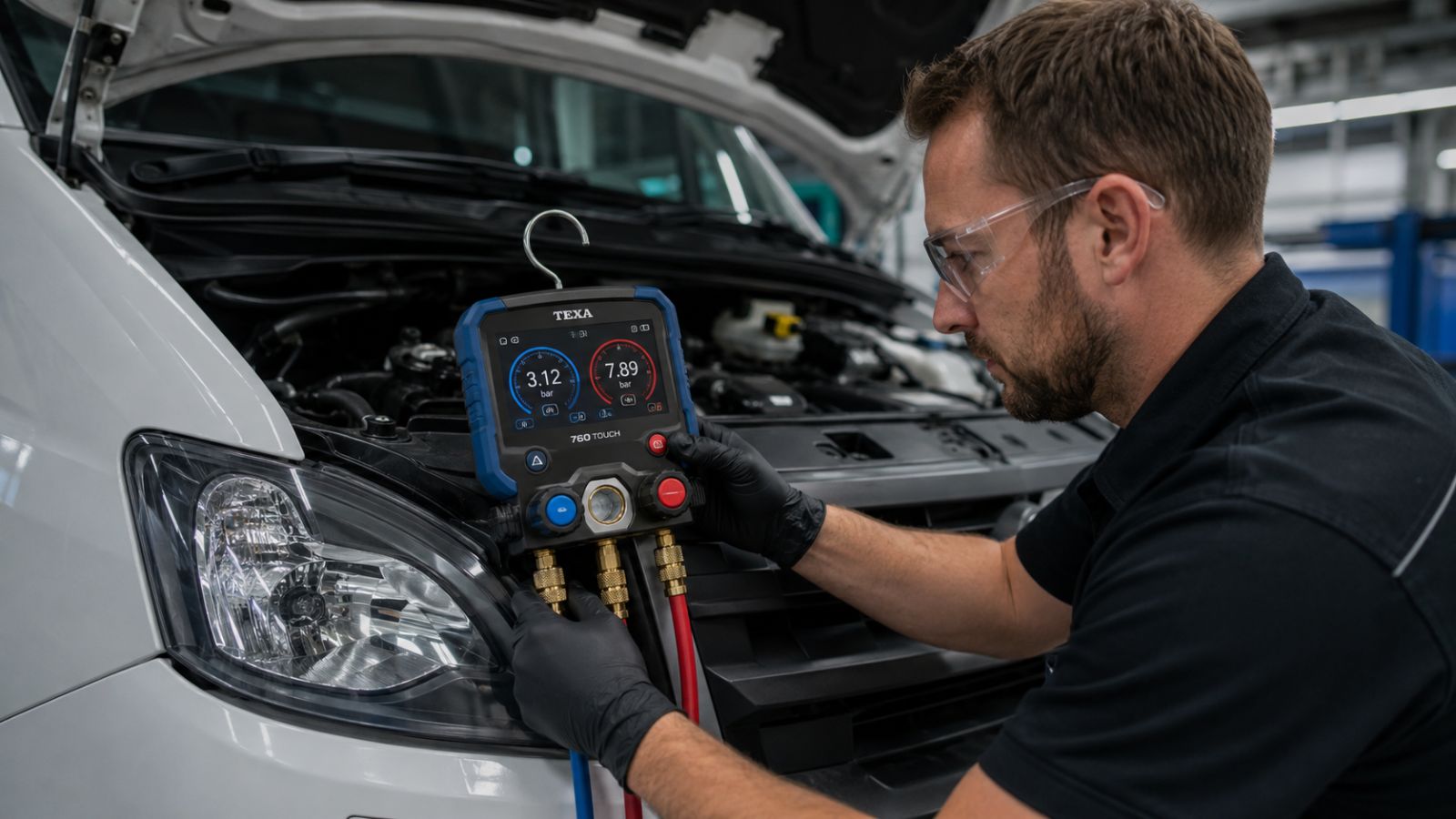 A professional automotive technician using a digital manifold gauge set to perform a precise diagnostic check on the air conditioning system of a commercial delivery van in a clean service bay.