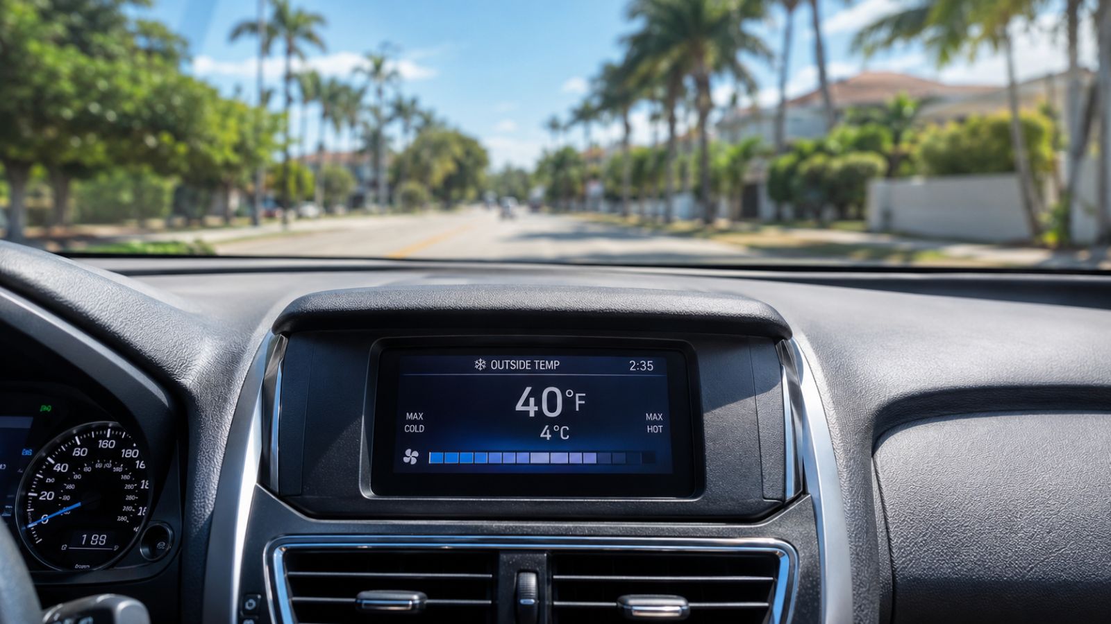 A digital thermometer in a car's air conditioning vent displays a crisp 40°F, with a blurry, sun-drenched Florida street visible through the windshield, demonstrating professional AC performance verification.