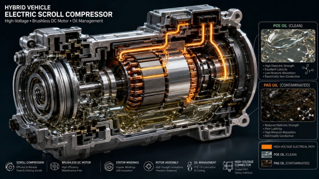 Technical 3D cross-section of a hybrid vehicle electric AC compressor showing internal stator windings coated in insulating POE oil to prevent high-voltage electrical shorts.