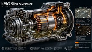 Technical 3D cross-section of a hybrid vehicle electric AC compressor showing internal stator windings coated in insulating POE oil to prevent high-voltage electrical shorts.
