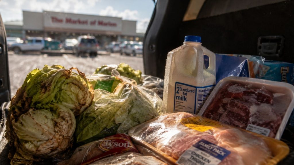 A close-up, dramatic shot inside the dark, intensely hot rear cargo area of an SUV showing a grocery haul rapidly spoiling, including wilted lettuce, sweating milk cartons, and thawed meat packages, with the unshaded gravel parking lot of the Market of Marion visible in the background under the Florida sun.
