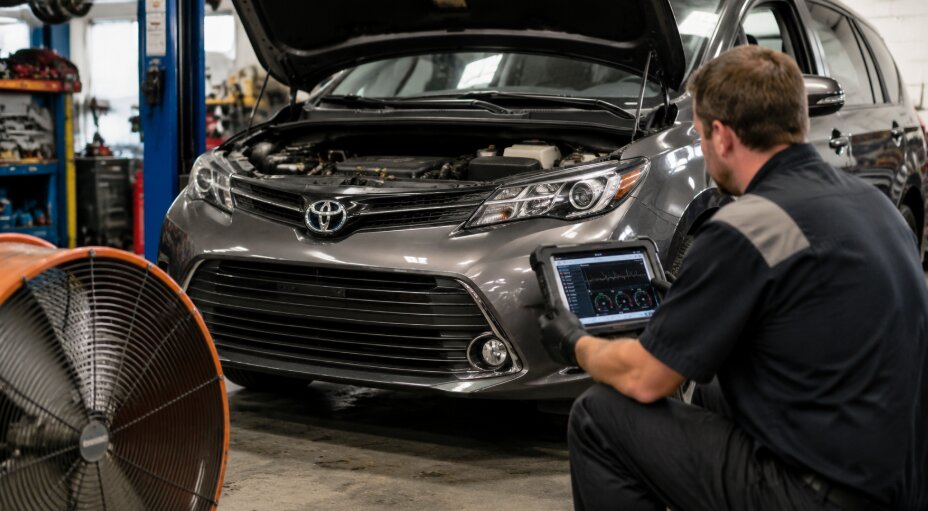 A mechanic performs a diagnostic check on a Toyota Sienna inside Gregg Smith Automotive, focusing on its AC system, which is essential for school zone safety and proper cooling during sports practices.