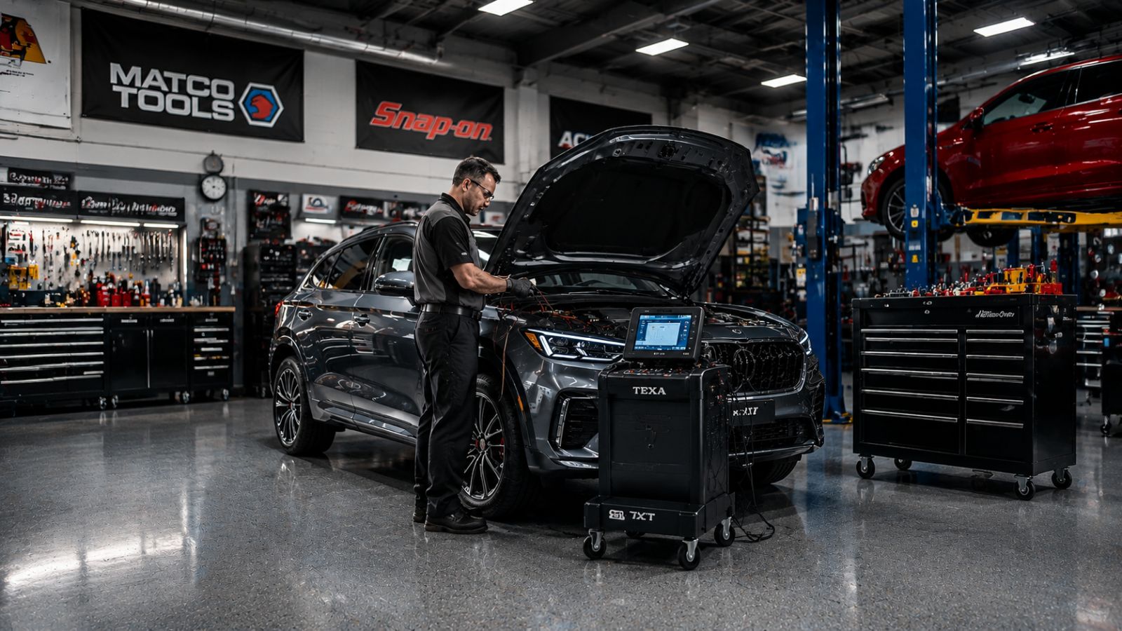 A certified master technician performing professional R-1234yf air conditioning service on a modern vehicle at Gregg Smith Automotive in Belleview, FL, using advanced spark-free recovery equipment.