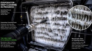 A professional-grade macro photo of a technician injecting specialized chemical foaming disinfectant into a car's AC evaporator housing to remove odor-causing biological biofilm.