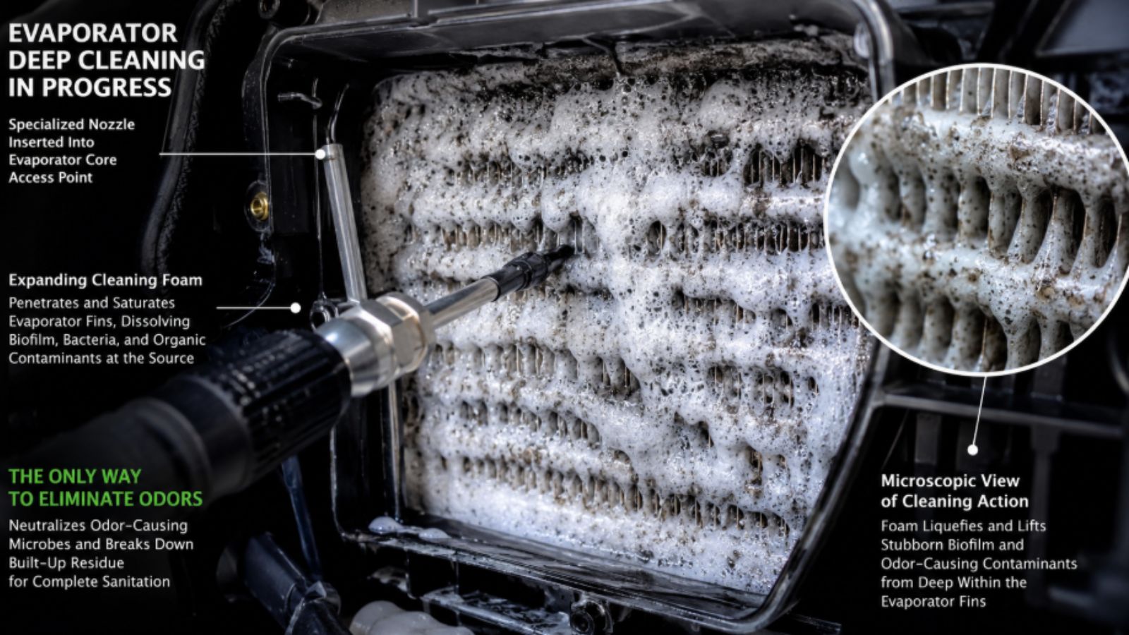 A professional-grade macro photo of a technician injecting specialized chemical foaming disinfectant into a car's AC evaporator housing to remove odor-causing biological biofilm.