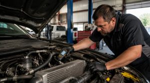 A mechanic is inspecting a car's condenser and AC system in Gregg Smith Automotive, focusing on diagnostics during Florida's hot summer.