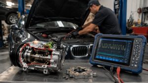 A mechanic working on an Audi's AC compressor inside Gregg Smith Automotive, with detailed diagnostic tools and an oscilloscope.