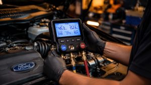 A technician at Gregg Smith Automotive in Belleview using digital manifold gauges to perform an advanced diagnostic test on a Ford truck A/C system.