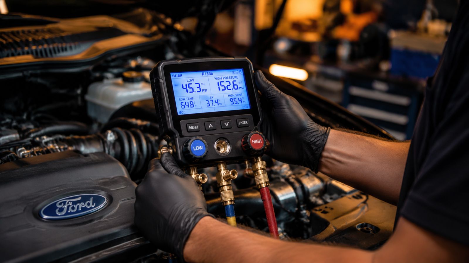 A technician at Gregg Smith Automotive in Belleview using digital manifold gauges to perform an advanced diagnostic test on a Ford truck A/C system.