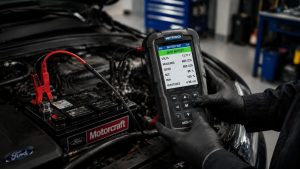 Professional automotive technician performing a digital conductance battery health test on a Ford vehicle engine in a clean, well-lit repair shop in Belleview.
