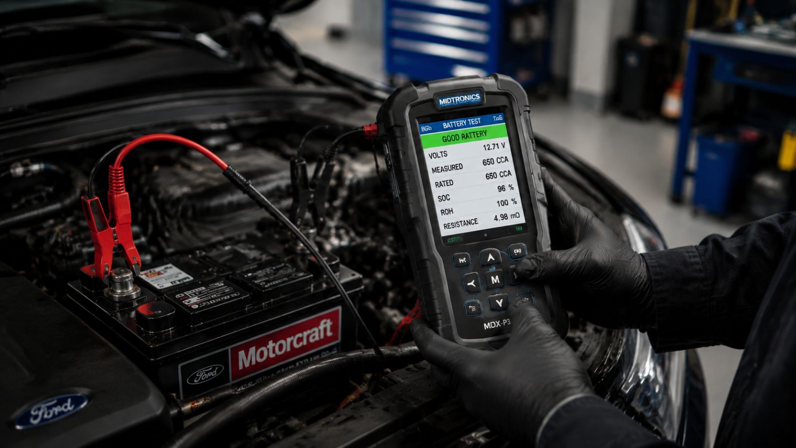 Professional automotive technician performing a digital conductance battery health test on a Ford vehicle engine in a clean, well-lit repair shop in Belleview.