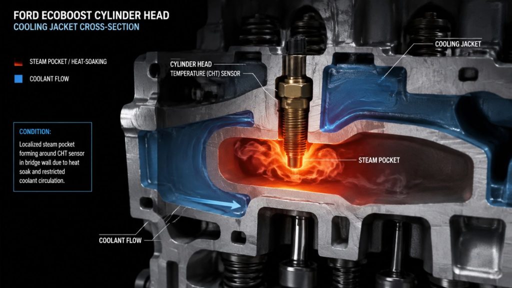 Technical cross-section diagram of a Ford EcoBoost cylinder head showing localized steam pocket formation around a Cylinder Head Temperature (CHT) sensor caused by engine heat-soaking.