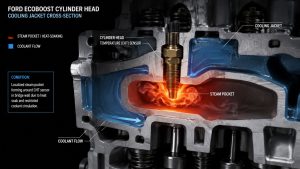 Technical cross-section diagram of a Ford EcoBoost cylinder head showing localized steam pocket formation around a Cylinder Head Temperature (CHT) sensor caused by engine heat-soaking.