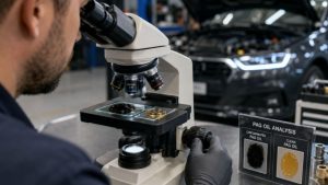 A technician uses a microscope to analyze contaminated black A/C compressor oil, comparing it against a healthy sample to diagnose "Black Death" contamination before it causes system failure.