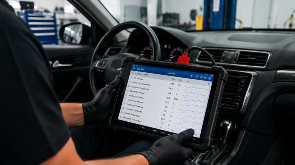 A technician at Gregg Smith Automotive is using a diagnostic scanner to analyze real-time AC telematics data.