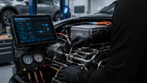 A technician at Gregg Smith Automotive performing a diagnostic inspection on a luxury electric vehicle's complex R-744 carbon dioxide cooling system using advanced digital equipment.