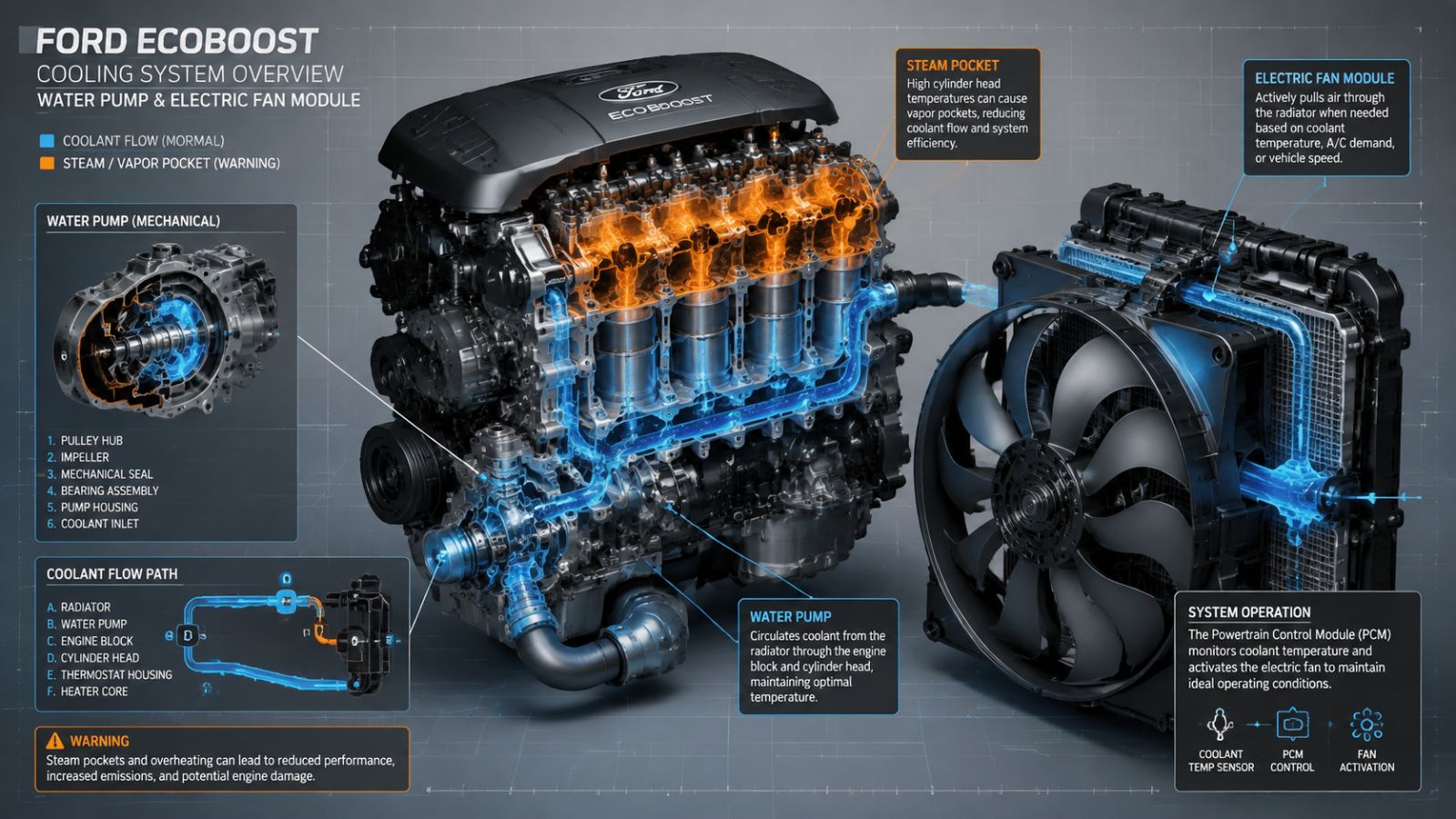 3D technical cross-section illustration of a Ford EcoBoost water pump and electric radiator fan assembly, featuring highlighted coolant flow paths in blue and warning-orange zones representing thermal steam pockets.