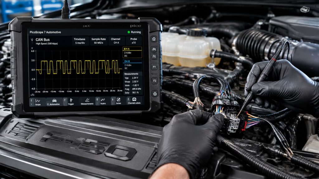 A professional technician performing precision electrical diagnostic testing on a Ford F-150 wiring harness using a digital oscilloscope to analyze CAN-bus signal waveforms.