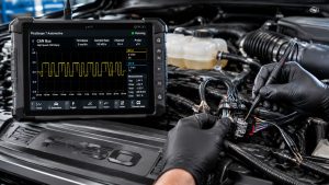 A professional technician performing precision electrical diagnostic testing on a Ford F-150 wiring harness using a digital oscilloscope to analyze CAN-bus signal waveforms.