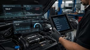 A professional technician in a workshop uses a diagnostic tablet to monitor real-time engine telemetry graphs, including spark timing and fuel trim, on a Ford EcoBoost engine bay.