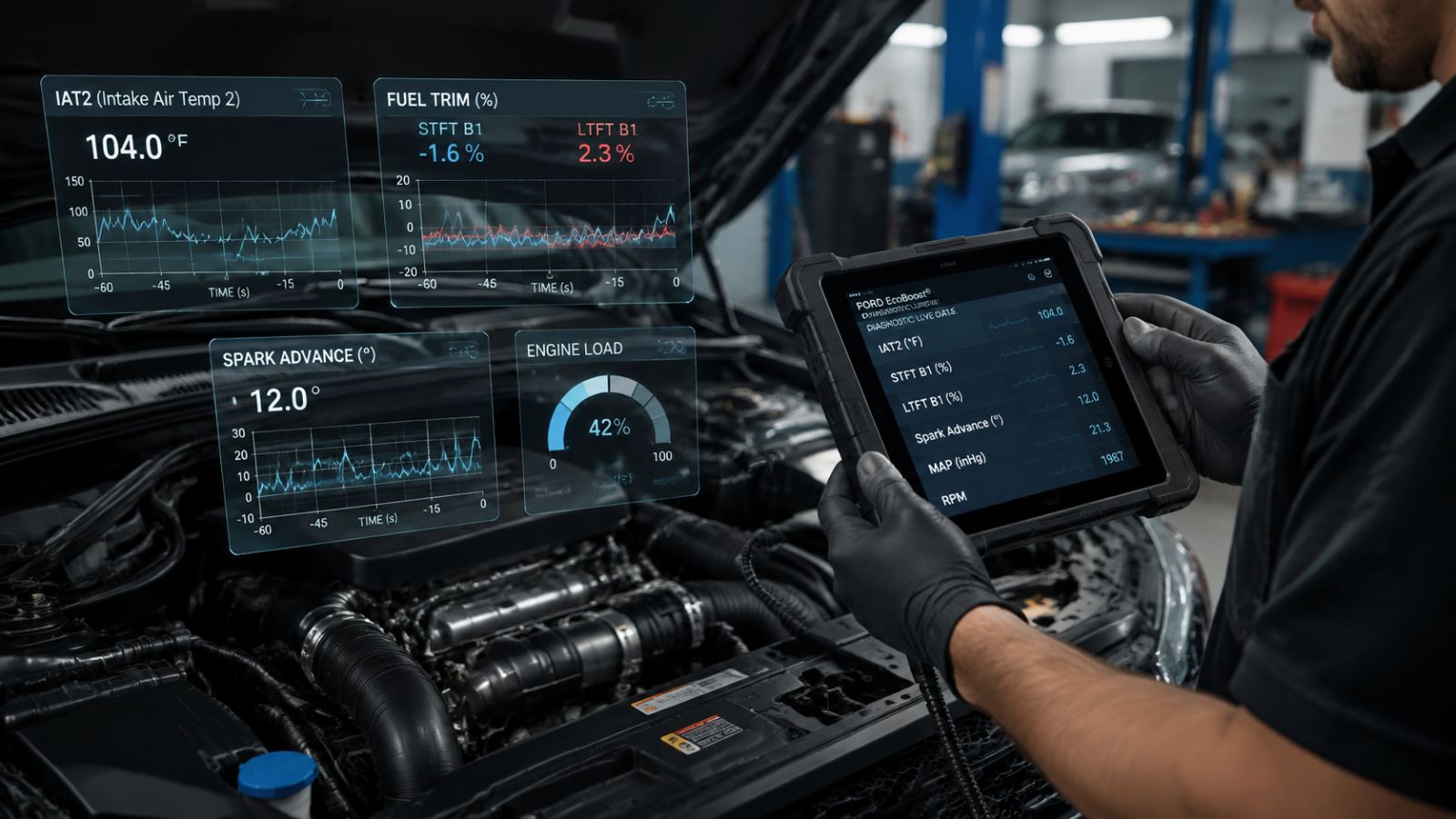 A professional technician in a workshop uses a diagnostic tablet to monitor real-time engine telemetry graphs, including spark timing and fuel trim, on a Ford EcoBoost engine bay.