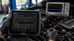 A professional automotive technician in a clean workshop uses a high-end diagnostic tablet and oscilloscope to analyze live fuel pressure waveforms on a Ford F-150 engine bay during a thermal performance test.