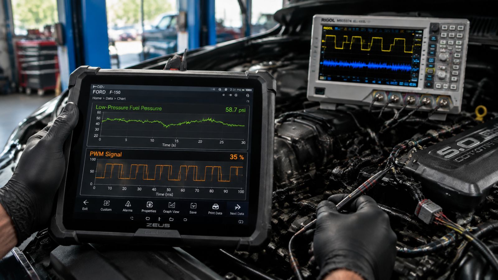 A professional automotive technician in a clean workshop uses a high-end diagnostic tablet and oscilloscope to analyze live fuel pressure waveforms on a Ford F-150 engine bay during a thermal performance test.