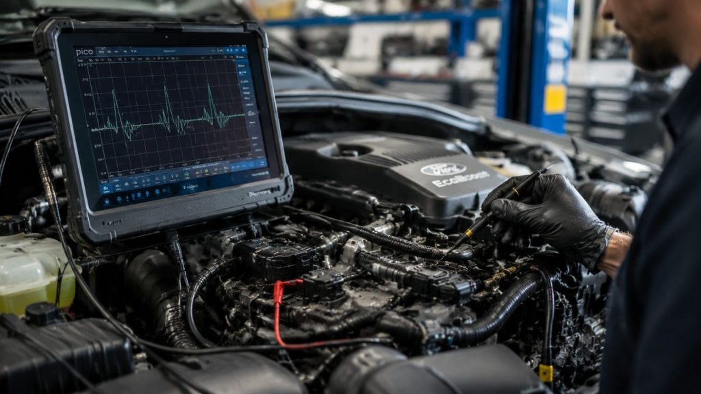 A professional technician at Gregg Smith Automotive in Belleview using an oscilloscope to analyze a Ford engine ignition waveform, showcasing precision diagnostic testing to identify the root cause of a misfire before replacing parts.