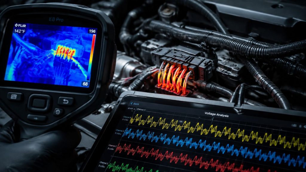 High-tech thermal imaging of a Ford EcoBoost engine wiring harness displaying localized heat hotspots on connector pins, with a diagnostic tablet in the foreground showing erratic voltage waveform graphs.