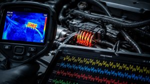 High-tech thermal imaging of a Ford EcoBoost engine wiring harness displaying localized heat hotspots on connector pins, with a diagnostic tablet in the foreground showing erratic voltage waveform graphs.