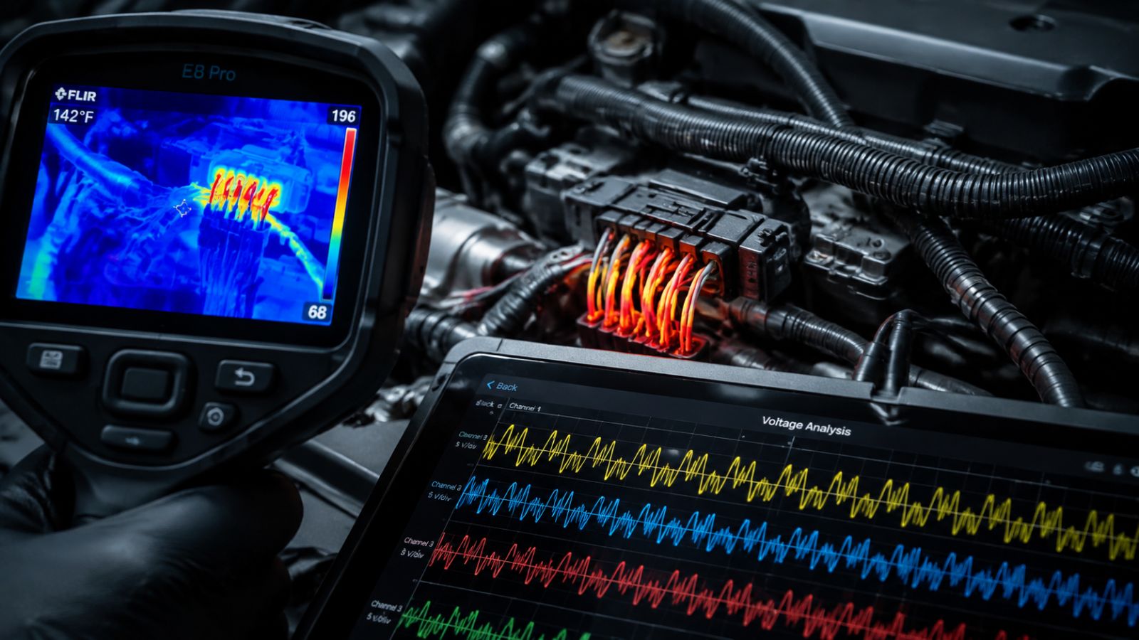 High-tech thermal imaging of a Ford EcoBoost engine wiring harness displaying localized heat hotspots on connector pins, with a diagnostic tablet in the foreground showing erratic voltage waveform graphs.