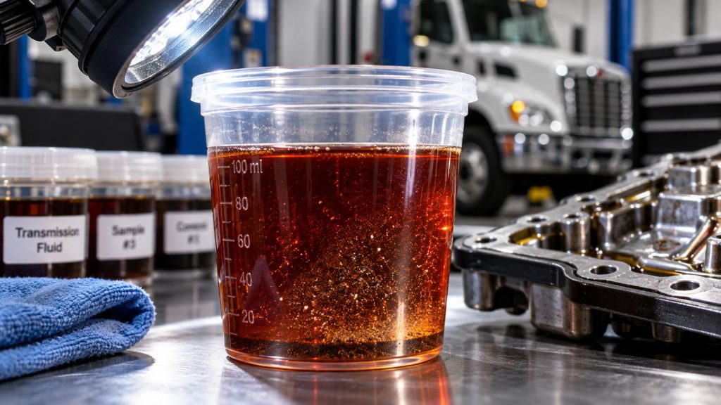 A close-up view of a transparent sample cup with transmission fluid under a focused inspection light, showing suspended metallic shimmer and thermal oxidation particles.