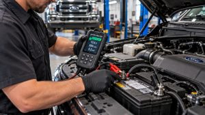Technician using a digital battery analyzer to test a Ford vehicle battery in a service bay.