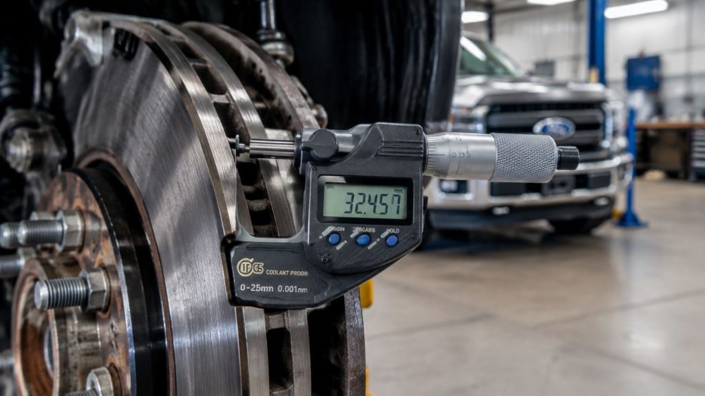 A professional mechanic using a high-precision digital micrometer to measure the thickness of a steel brake rotor on a Ford F-150, part of a digital inspection process at Gregg Smith Automotive in Belleview.