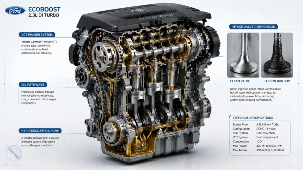 3D engineering cutaway illustration of a Ford EcoBoost engine block showing the comparison between clean intake valves and those with hardened carbon deposits, highlighting critical VCT phaser mechanisms.